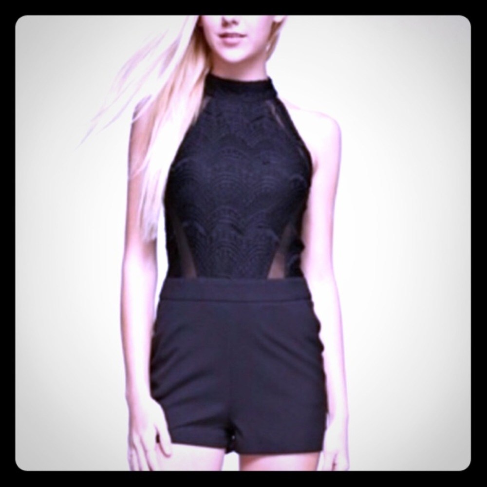 Black lace contrast romper.